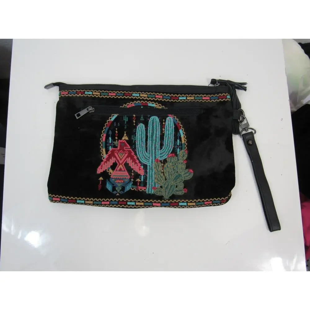 Savanna Jane Black Suede Embroidered Wristlet Clutch Bag Cactus Western